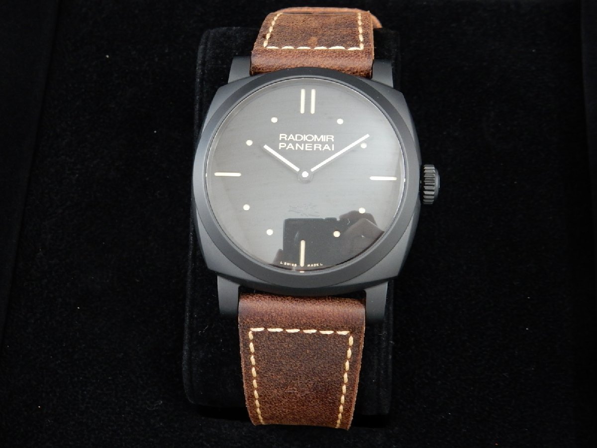 148万【美品】パネライ PANERAI ラジオミール 1940 チェラミカ 3デイズ PAM00577 裏スケ ブラック文字盤 腕時計 メンズ 手巻き 革ベルト_画像3