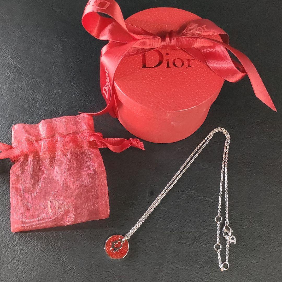 【極美品】Dior　ディオール　ネックレス　レッド　シルバー　ラウンド　ロゴ