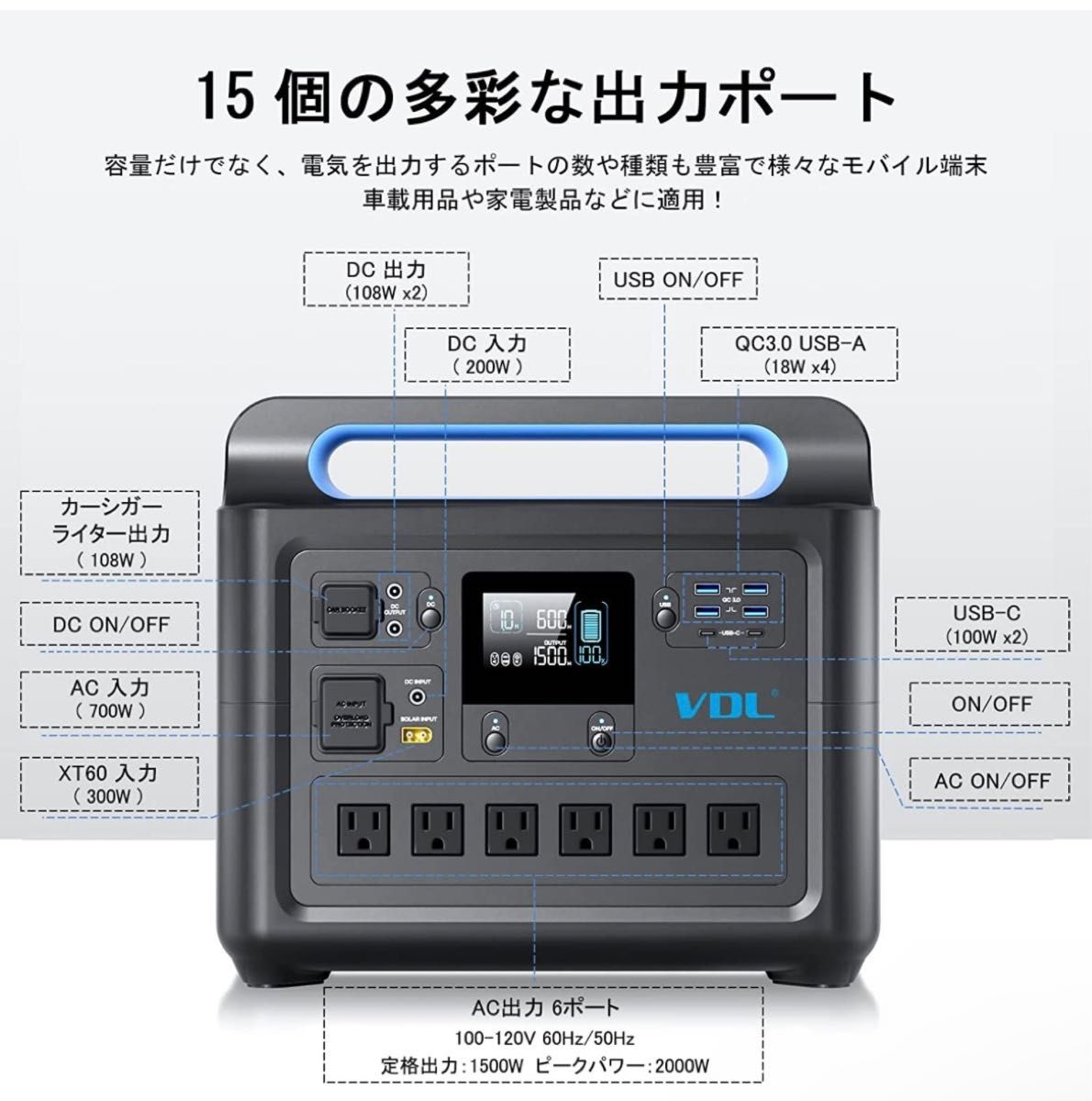 VDL ポータブル電源 大容量 ポータブルバッテリー 非常用電源 1500W