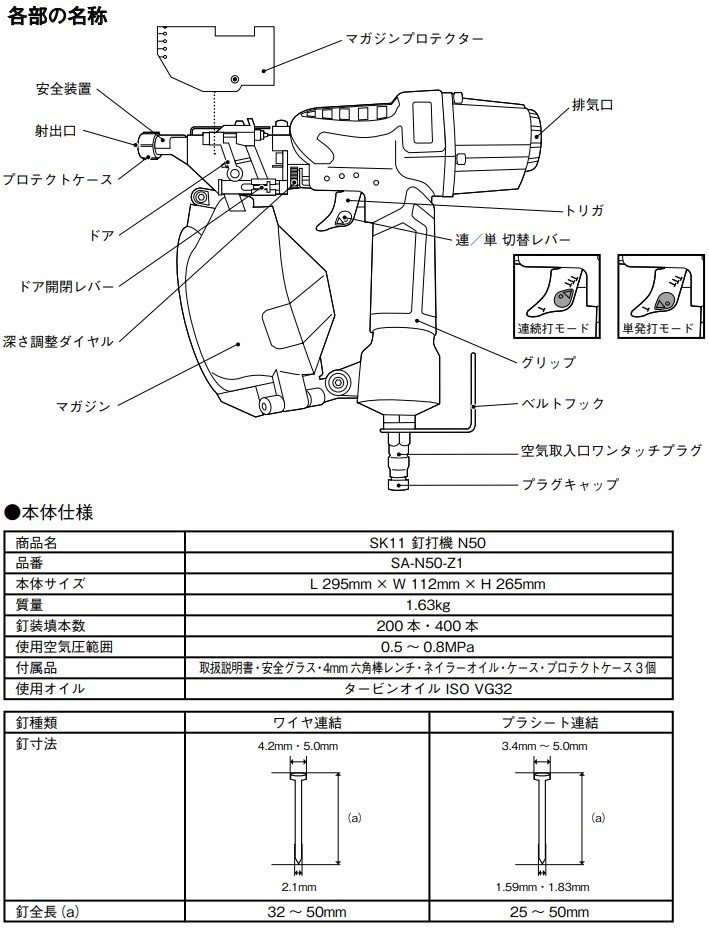 SK11 エアー 釘打ち機 SA-N50-Z1 25～50mm 釘打機 くぎ打ち機 エアータッカー エアタッカー エアーツール エアー工具_画像4