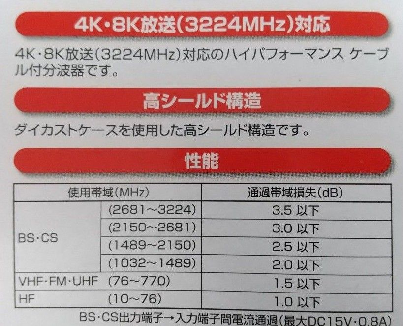 日本アンテナ製 4K8K放送対応 分波器  30cm付　1個