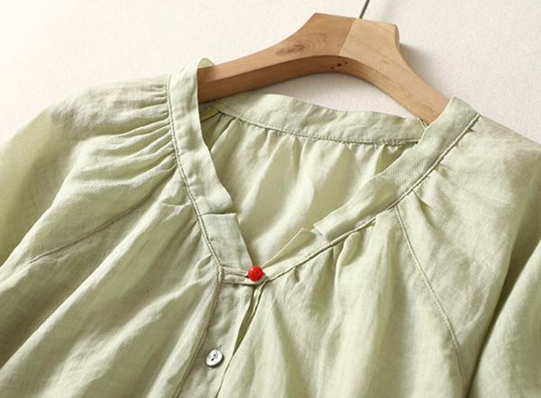  including in a package 1 ten thousand jpy free shipping #M-2XL size # summer new goods simple easy blouse shirt plain cotton flax short sleeves large size tunic * green 
