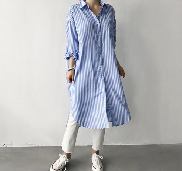 S~XLサイズ■春夏秋 レディース ダブル ストライプ 薄手 サラサラ シャツ ワンピース ミモレ丈 ゆったり シルエット 体型カバー ★ ブルー