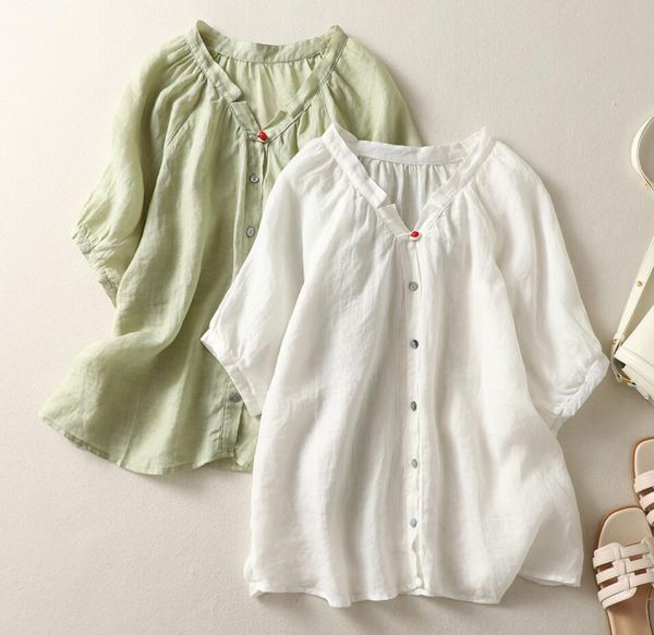  including in a package 1 ten thousand jpy free shipping #M-2XL size # summer new goods simple easy blouse shirt plain cotton flax short sleeves large size tunic * green 