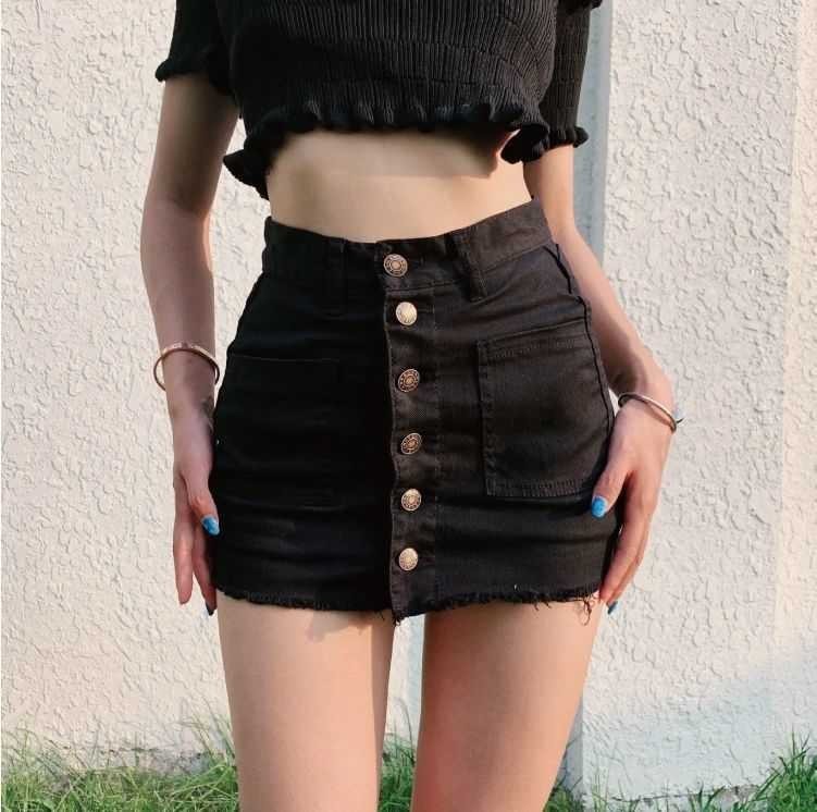 3094 front button Denim miniskirt inner attaching M black 