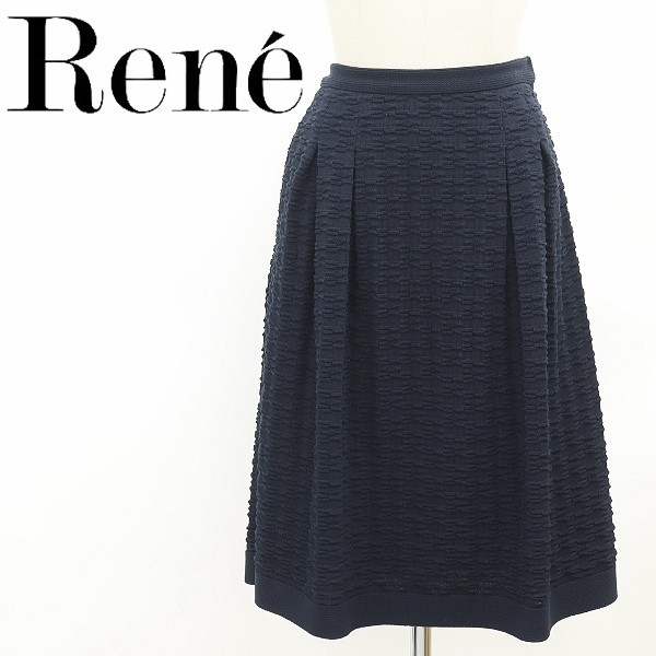 美品◆Rene ルネ コットン ニット タック スカート ネイビー 36