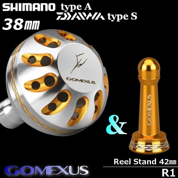 Gomexus[gomek suspension ] * power handle knob /38./ silver Gold + reel  stand 42. Gold set, Daiwa