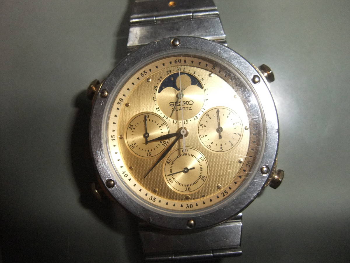 SEIKO セイコー 7A48-7010 ムーンフェイズ クロノグラフ クオーツ 腕時計 オーバーホール済
