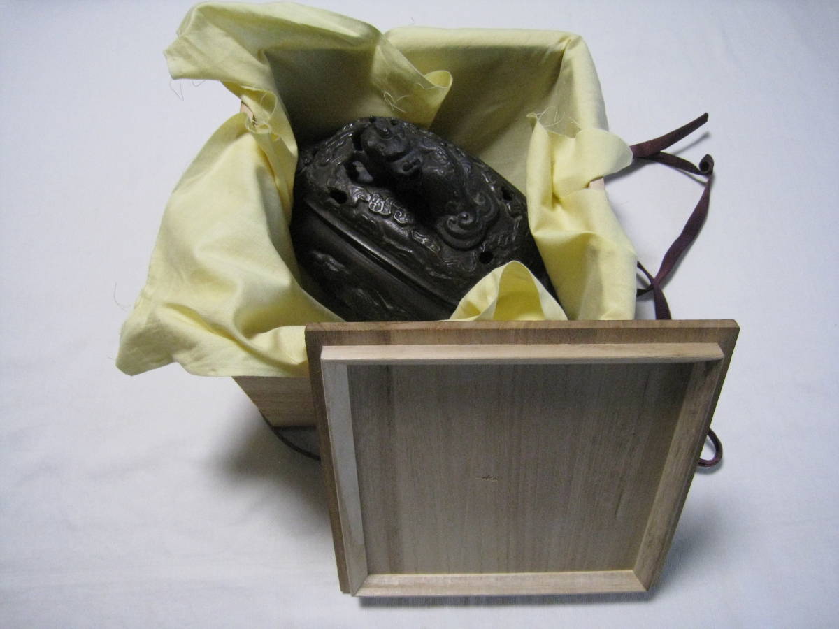 時代香炉 【麒麟鳳凰文香炉】銅製 摘みは麒麟 取っ手は鳳凰 宣徳銅
