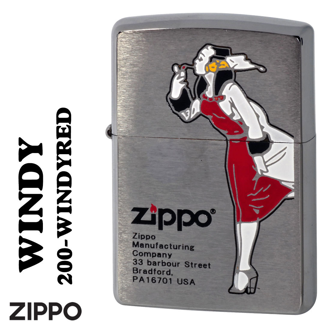 zippo(ジッポー)ZIPPOキャラクター人気の「WINDY」デザイン　#200ブラッシュクロ－ム　エッチング4色入れ　レッド【ネコポス可】_ZIPPO/ZIPPOキャラクター人気の「WINDY」デ