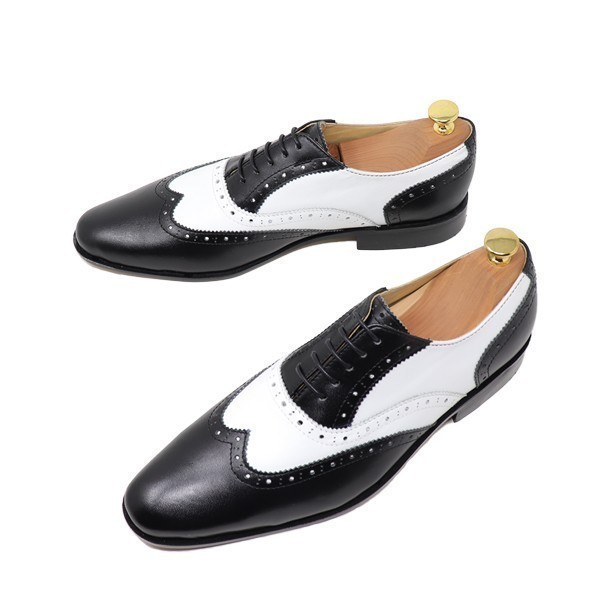 25cm メンズ 本革 ウィングチップ ホワイト ブラック 白 黒 コンビ コレスポンデント ハンドメイド マッケイ 衣装靴 パーティー靴 1062