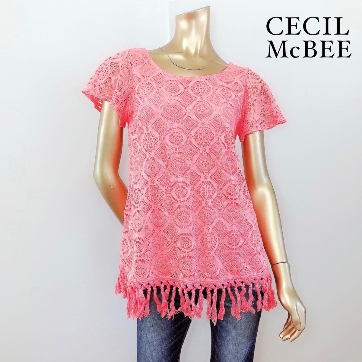 CECIL McBEE フリンジ レース チュニック トップス Mサイズ バックリボン 可愛い色味