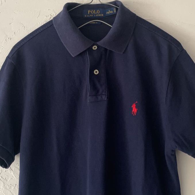 POLO RALPH LAUREN рубашка-поло с коротким рукавом половина кнопка 3po колено вышивка хлопок 100% одноцветный темно-синий цвет темно-синий S размер мужской женский б/у одежда 