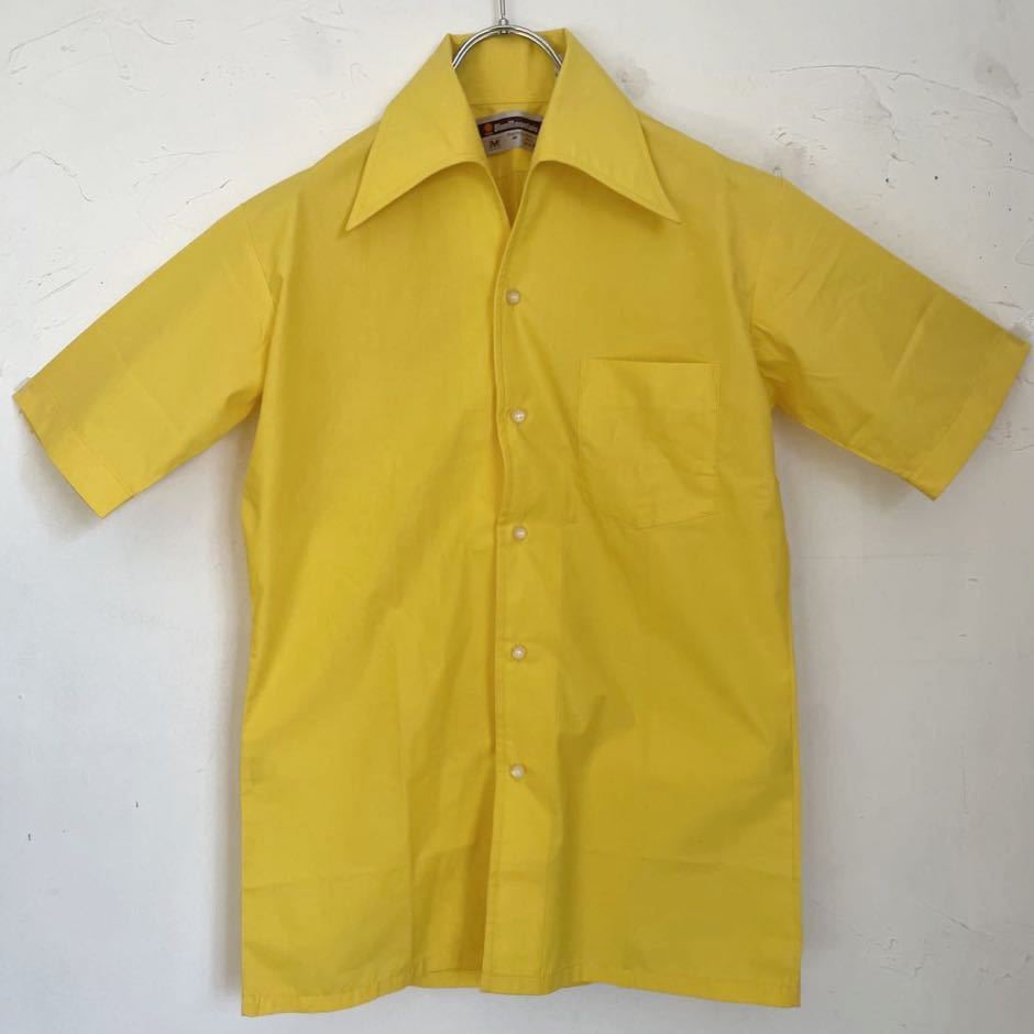 ヴィンテージ アーチドカラー 半袖シャツ 3 イエロードレスシャツ 無地 黄色 カラーシャツ コットン35% ポリ65% M メンズレディース古着の画像2