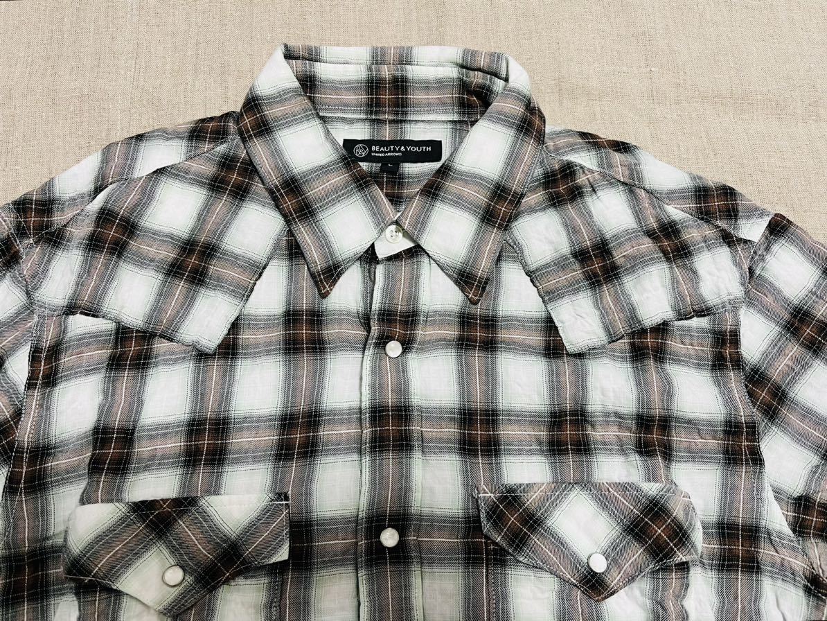 BEAUTY & YOUTH*we Stan check shirt * short sleeves shirt * check pattern *L size * blue group * made in Japan * United Arrows 