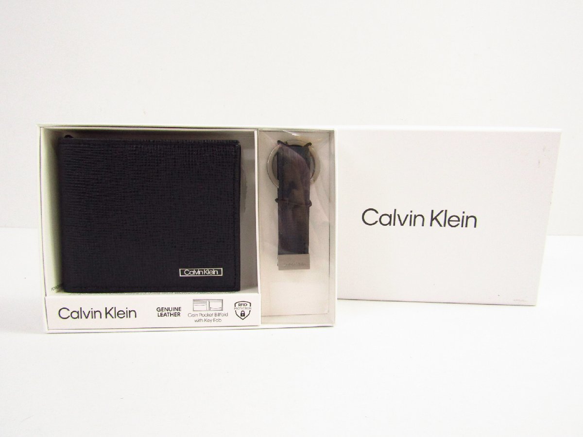 未使用 Calvin Klein カルバンクライン 31CK330014 ブラック レザー 2つ折り財布 (小銭入れあり) キーホルダー付き ▼AC24017
