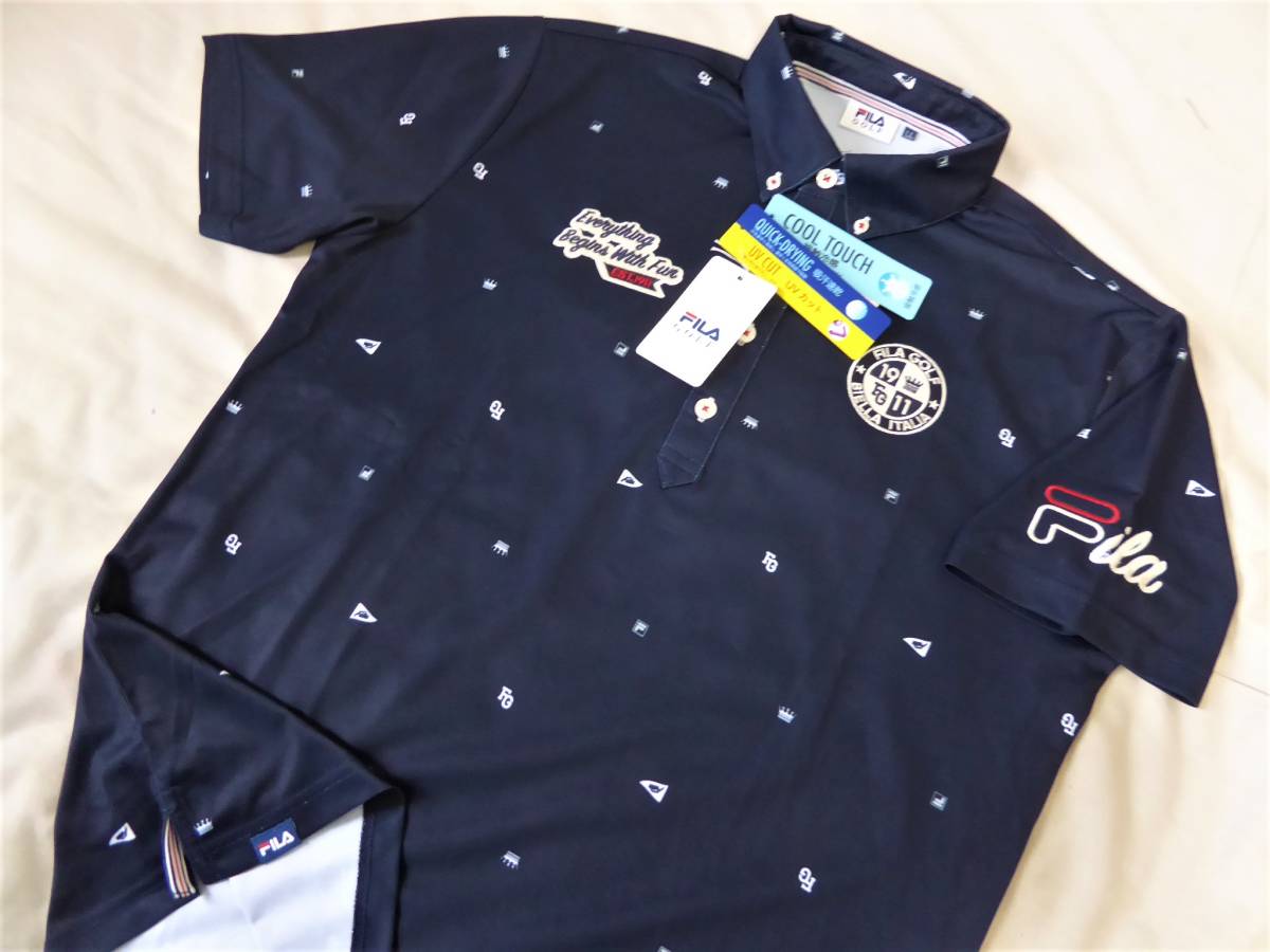 FILA GOLF フィラ ゴルフ 接触冷感 吸汗速乾 UV CUT ストレッチ 飛び柄 ボタンダウン半袖ポロシャツ　LL　紺_画像2