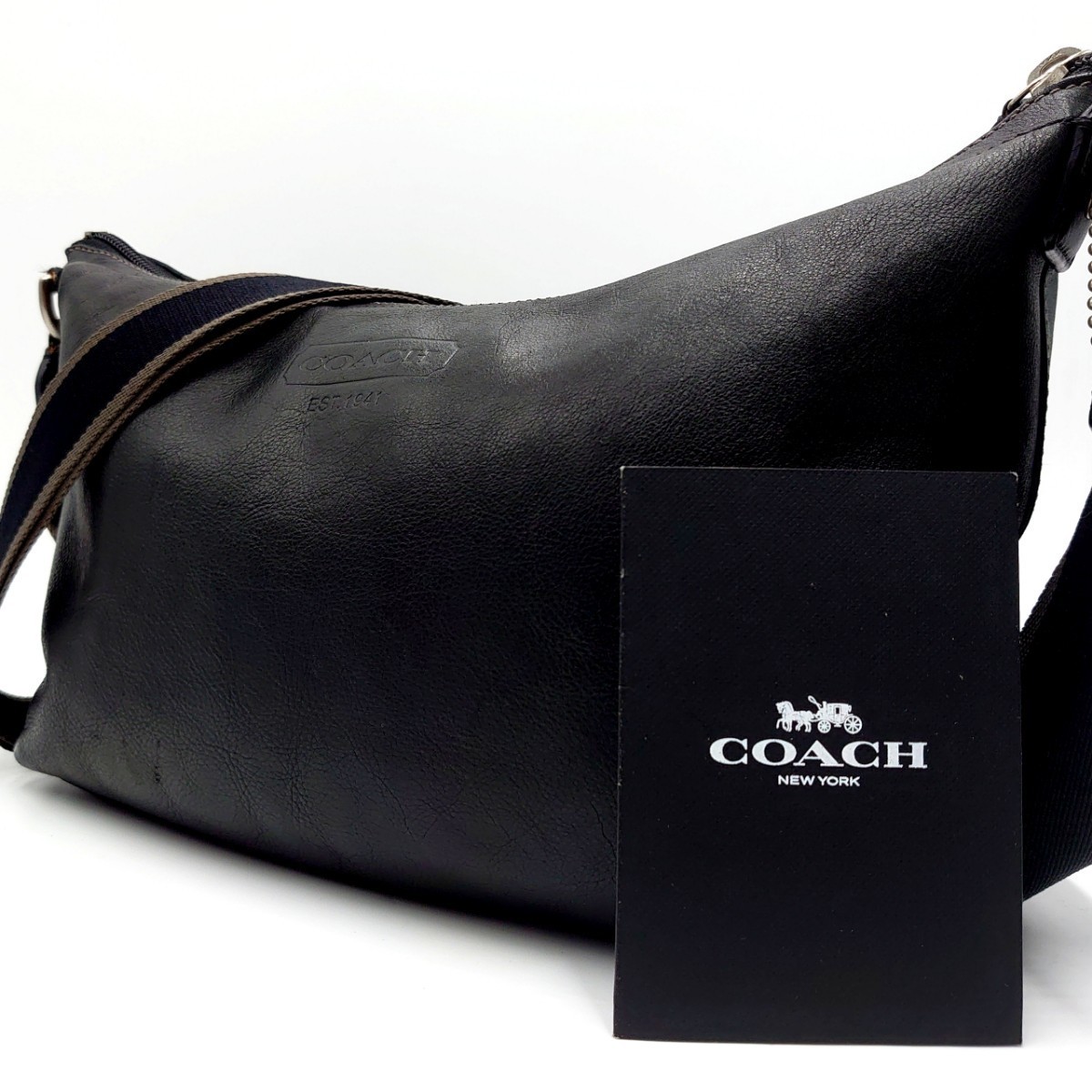 1円 美品 COACH コーチ ヘリテージ ウェブ メンズ ショルダーバッグ メッセンジャーバッグ オールレザー ブラック 斜め掛け_画像1