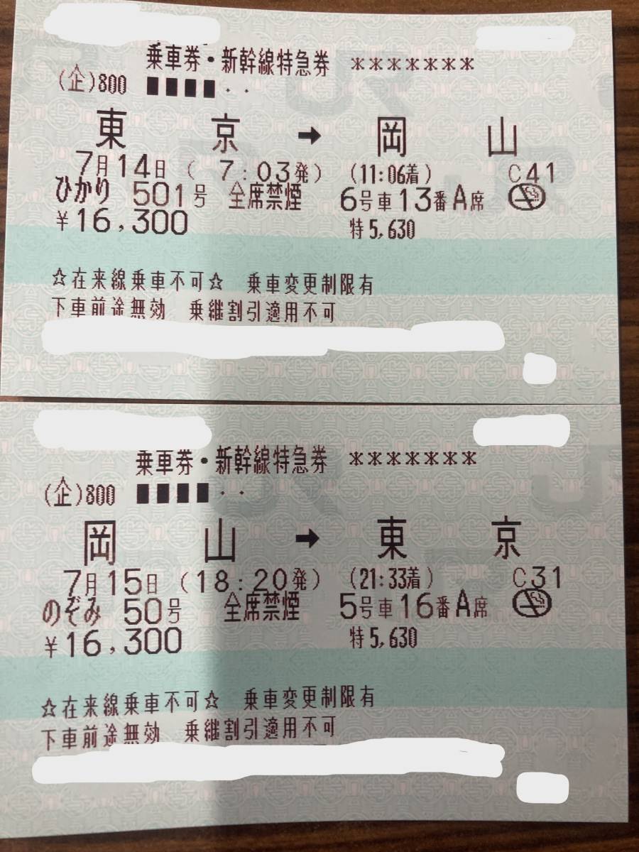 新幹線チケット 東京⇔岡山 往復きっぷ 7/14(金)7:03東京発、7/15(土