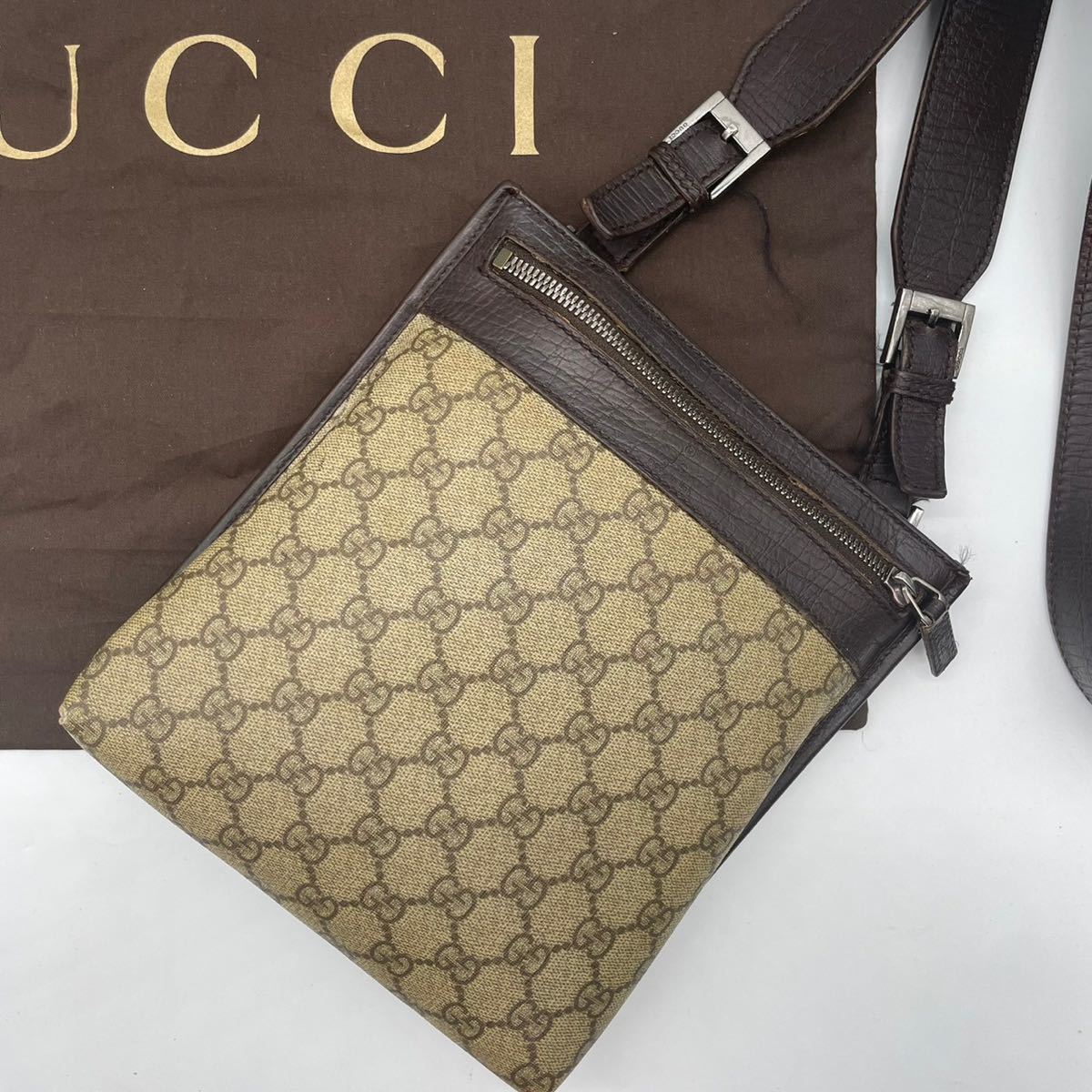 美品 GUCCI グッチ ショルダーバッグ メッセンジャーバッグ GG柄 シマ シェリーライン GGスプリーム pvc レザー メンズ_画像1