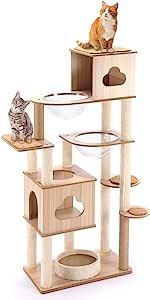国内外の人気が集結 木製 キャットタワー 猫家族 滑り止めマット付 高