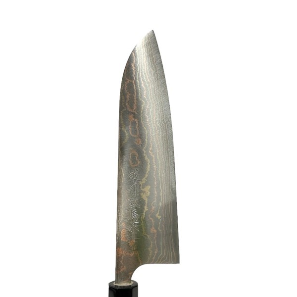 越前数馬作 青二鋼 有色17層ダマスカス 宝刀8 三徳包丁180mm 紫檀八角