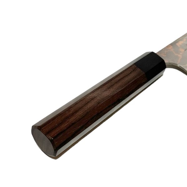 越前数馬作 青二鋼 有色17層ダマスカス 宝刀8 三徳包丁180mm 紫檀八角
