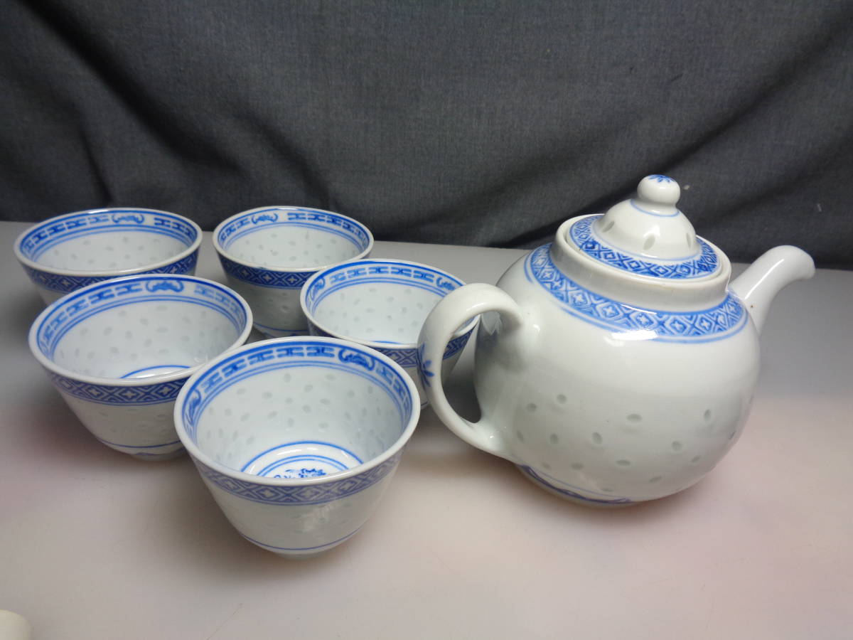 ◇中国茶器染付蛍手青花景徳鎮茶器6点セット(急須×1・湯呑み×5