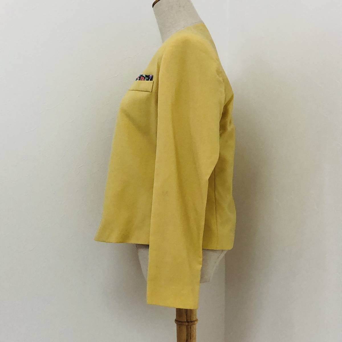 a01034 極美品 BEST EXPRESS ジャケット 肩パット ウールマーク イタリア製 ノーカラー 9号 黄色 昭和レトロ レトロヴィンテージスタイル_画像4