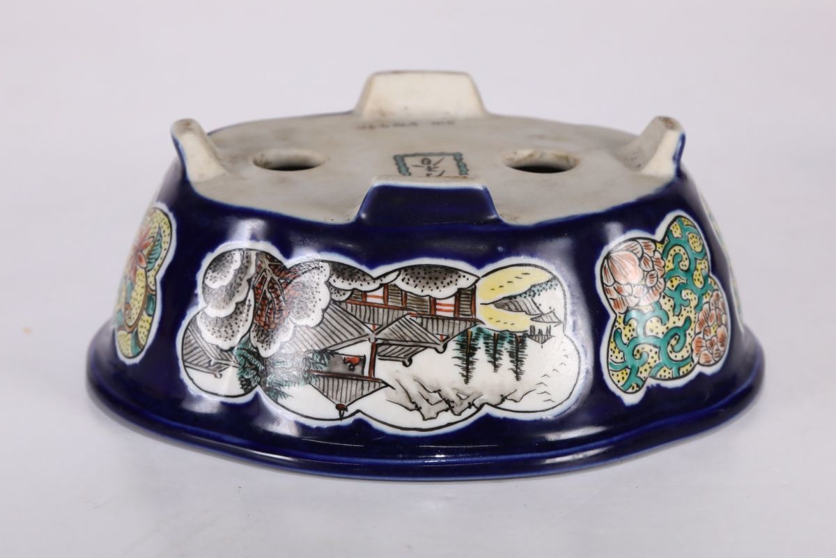 石井盆栽】人気絵鉢作家 伊藤月香作「月香瑠璃釉窓絵鳳凰獅子山水花