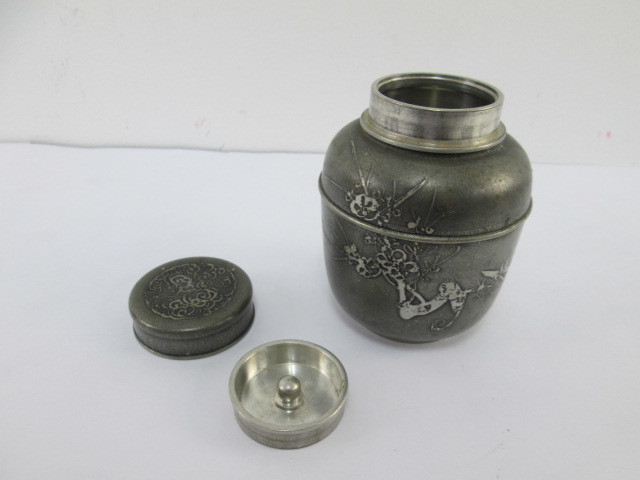 古錫 間村自造 煎茶道具 茶壺 茶入 総重量約300.4g 高さ約9.5cm/穴直径