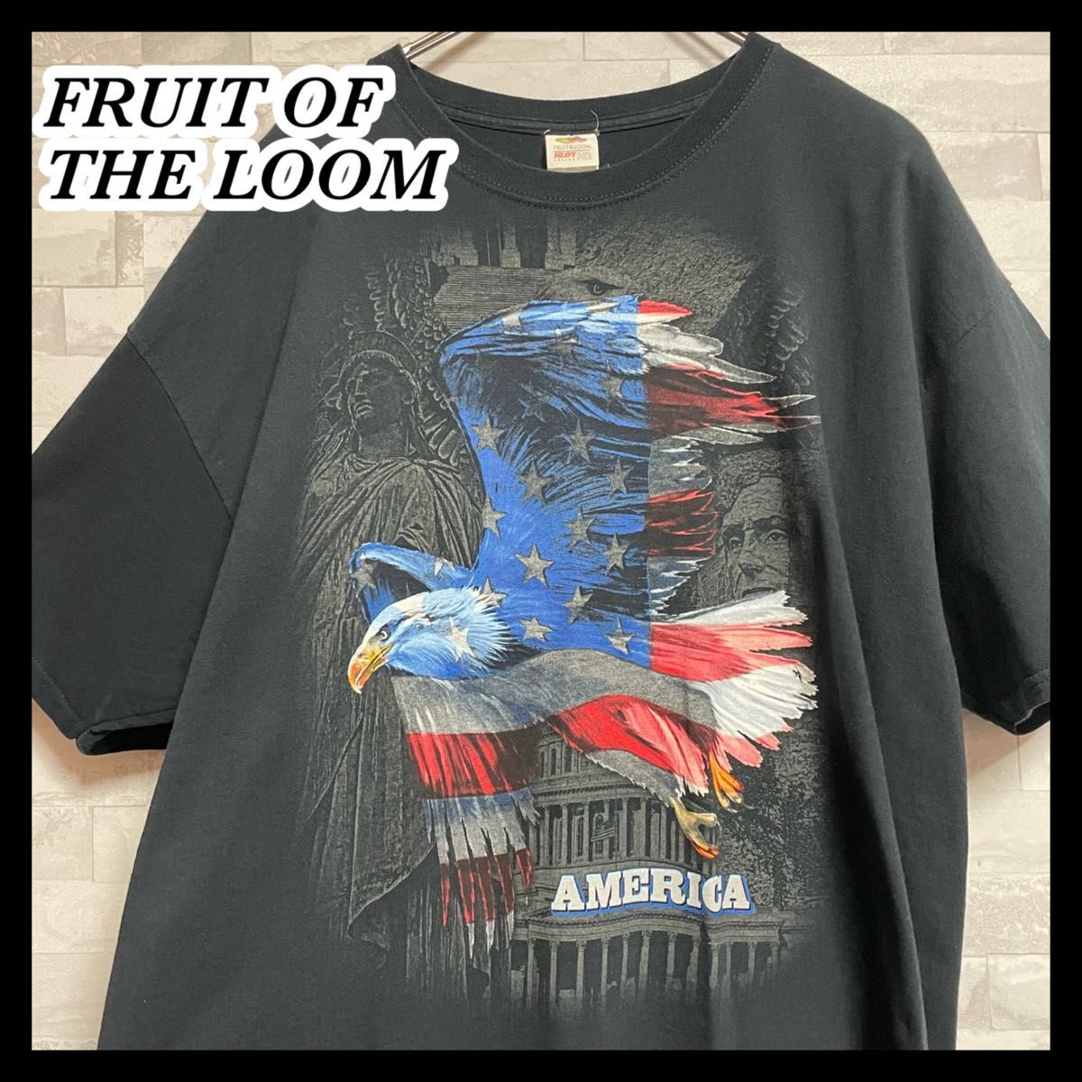 FRUIT OF THE LOOM フルーツオブザルーム　アメリカンtシャツ　メンズ　XLサイズ　ブラック　イーグル　ワシ　星条旗