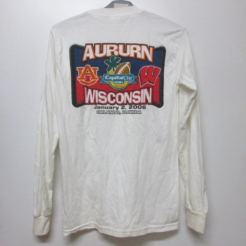 長袖 Tシャツ S　白　細身　フットボール　AUBURN 対　Wisconsin アメカジ古着　sy3477_画像2
