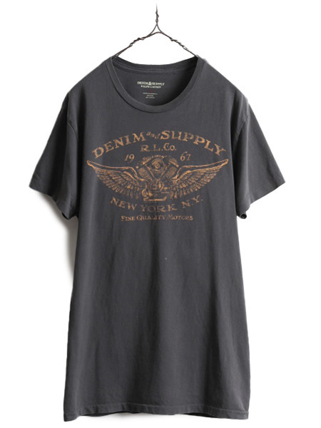 ■ DENIM&SUPPLY ラルフローレン 5段 プリント 半袖 Tシャツ メンズ L 古着 ポロ デニム&サプライ POLO バイク ウイング 黒 濃灰 バイカーの画像1