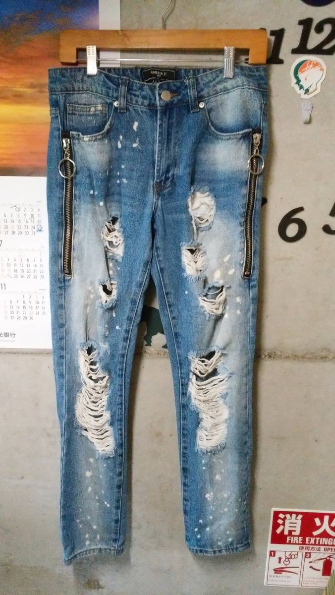 FOREVER21 MEN used processing Denim pants 29 blue bleach processing 