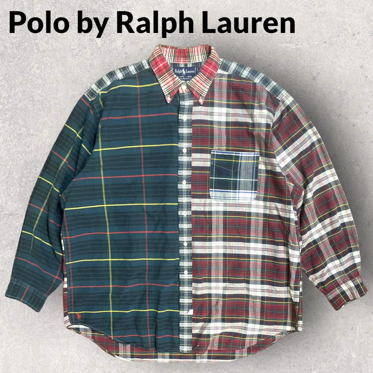 稀少 美品 RALPH LAUREN ラルフローレン 90s ビンテージ TheBigOxford 裾ポニー クレイジーパターン BDシャツ XL オーバーサイズ