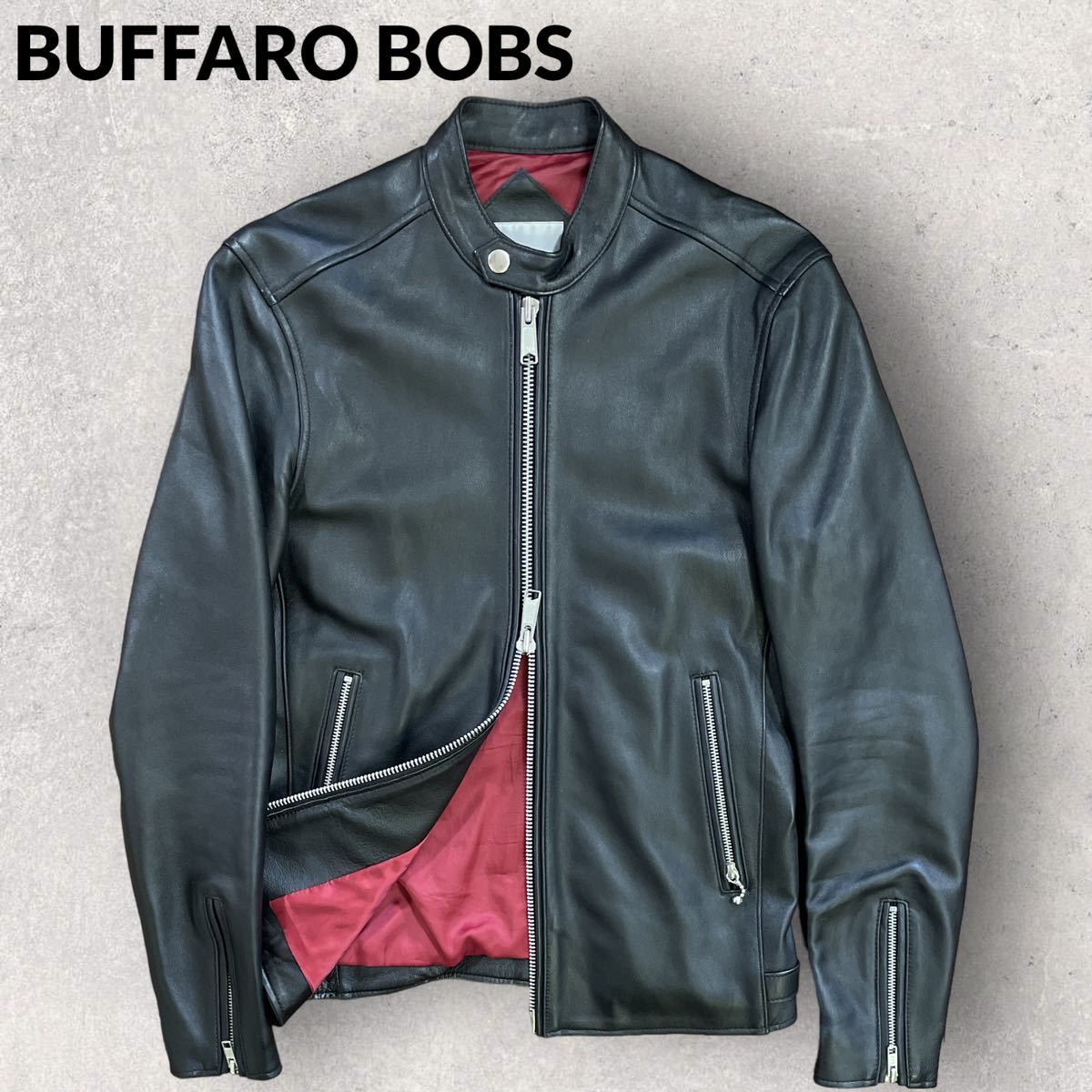 極美品 BAFFALO BOBS PURE GOLD 羊革 シープスキン スタンドカラー 立ち襟 ダブルジップ シングルライダースジャケット ブラック サイズ1