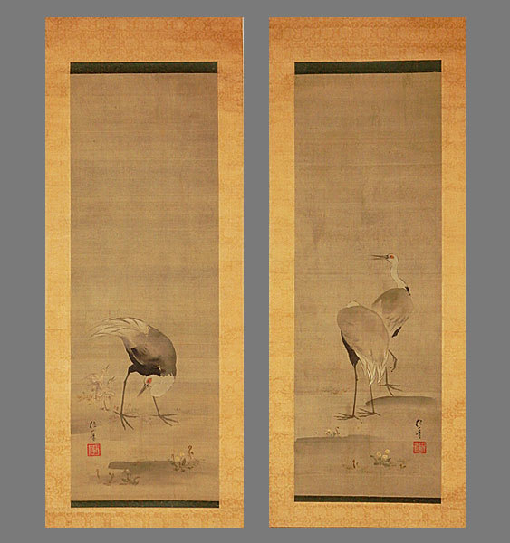 1475 法橋元龍 江戸時代「鶴図」 肉筆 絹本 日本画 掛軸 真作】□酒井抱一□鶴図二幅対□江戸時代の絵師/俳人□肉筆