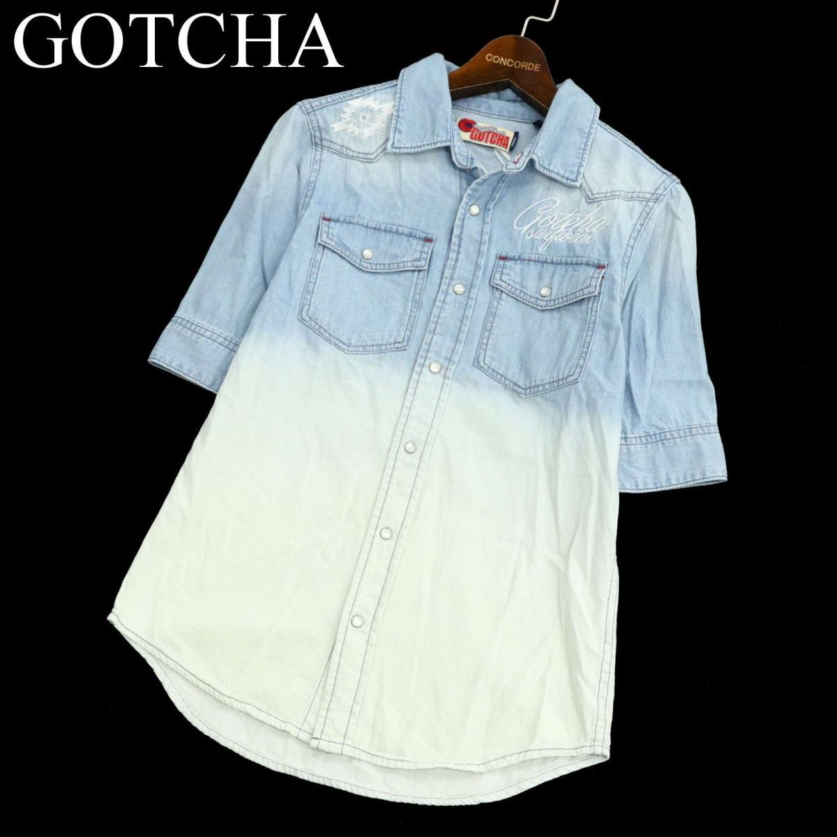 GOTCHA Gotcha spring summer Logo neitib embroidery * gradation 5 minute sleeve Denim western shirt Sz.S men's Surf C3T05151_6#A
