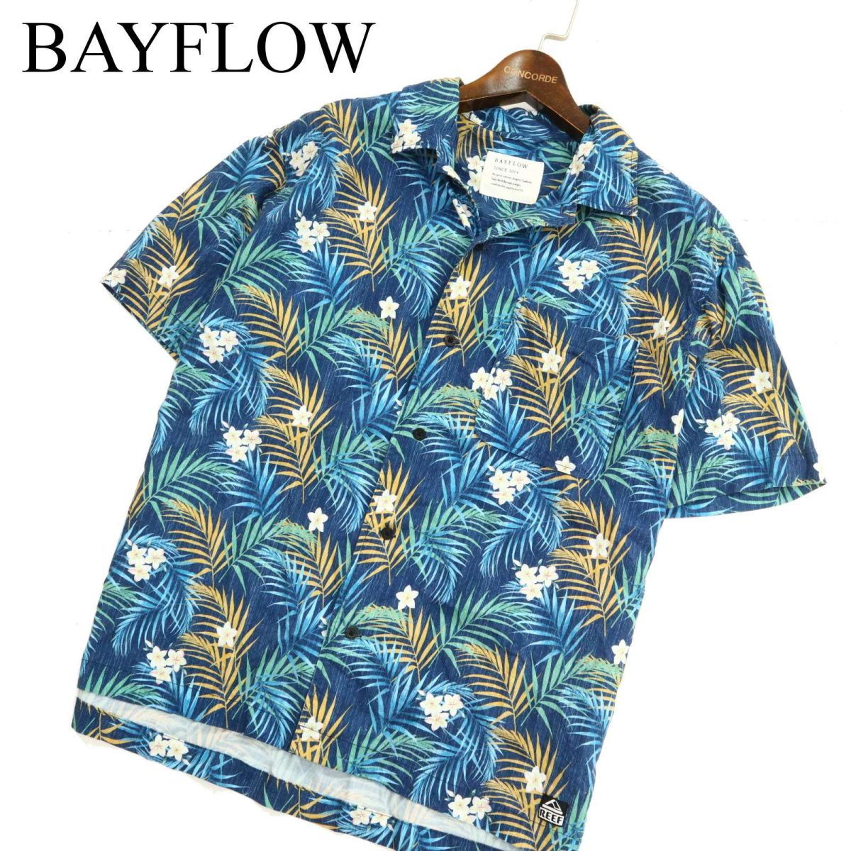 21ss★ BAYFLOW ベイフロー 春夏 半袖 インディゴ★ 【ボタニカル 総柄】 ビッグシルエット アロハ シャツ Sz.2　メンズ 紺　C3T05275_6#A_画像1