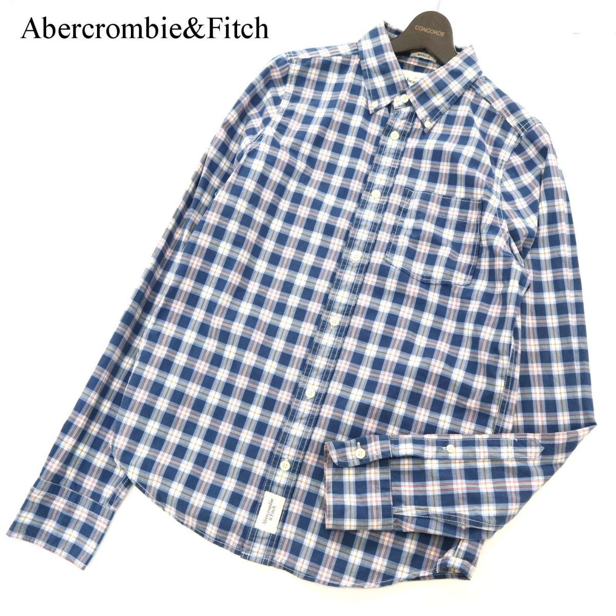 Abercrombie&Fitch アバクロンビー＆フィッチ 通年 長袖 チェック★ ボタンダウン シャツ Sz.M　青 メンズ　C3T04805_5#C_画像1