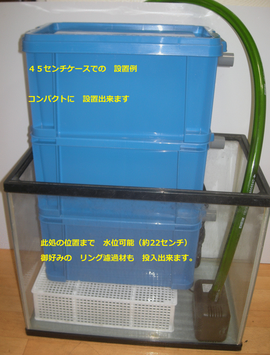 送料無料　オーバーフロー用　サンドフィルター３段濾過槽　濾過砂　ウール付き　究極の透明度を実現　4_45センチ規格水槽　設置　イメージ写真です