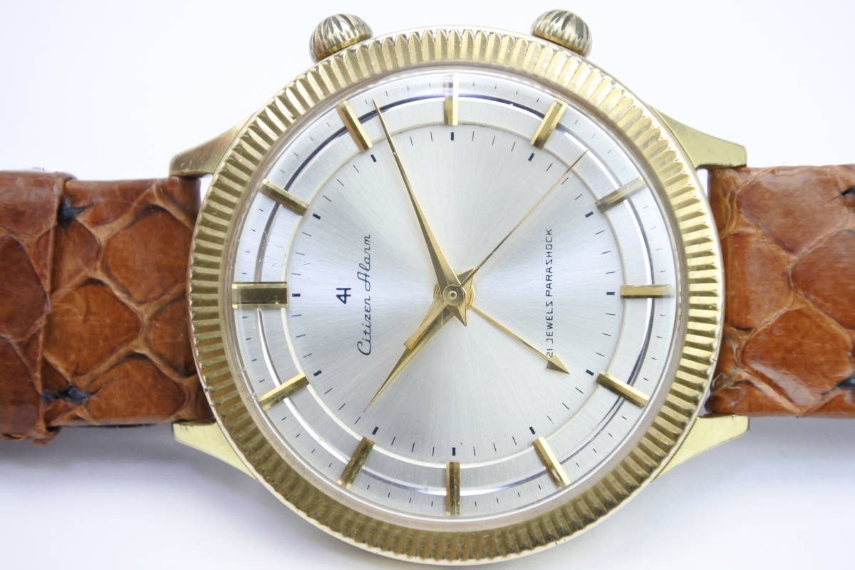 稀少モテル ☆１９６３年製国産名機 シチズン 4H アラーム　２１石　紳士手巻腕時計 革ベルト 純正ケース 極珍逸品