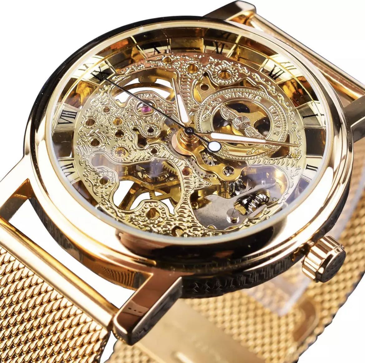 新品# 高級カジュアルデザイン 透明 レザーストラップ メンズ 腕時計 時計 ウォッチ 機械式 スケルトン ゴールド クール かっこい_画像1