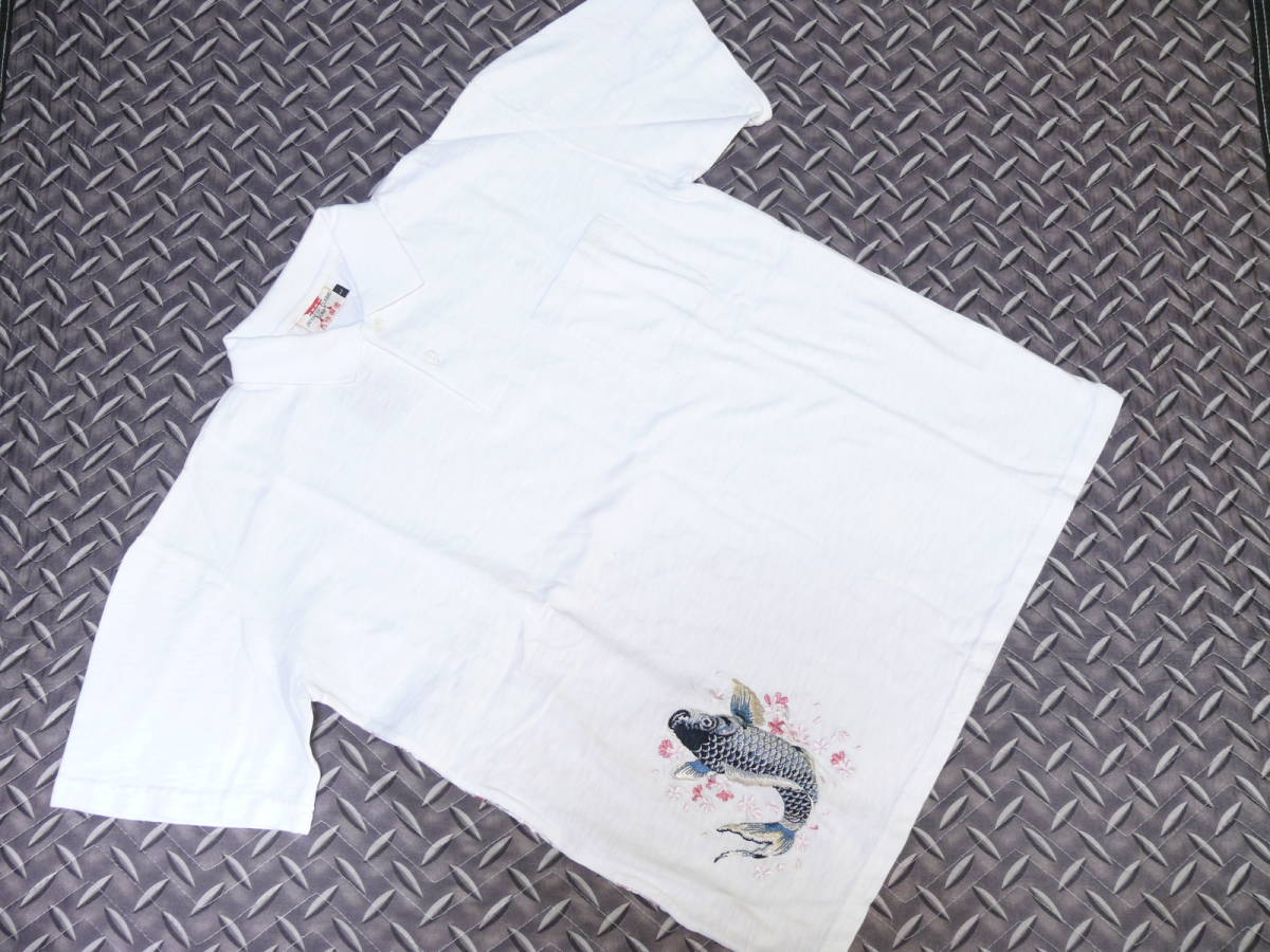 ♪花旅楽団 SCRIPT スクリプト ◆桜鯉柄 ALL刺繍 ◆ポロシャツ ◆SIZE L ◆ホワイト系◆一点物◆未使用品の画像1