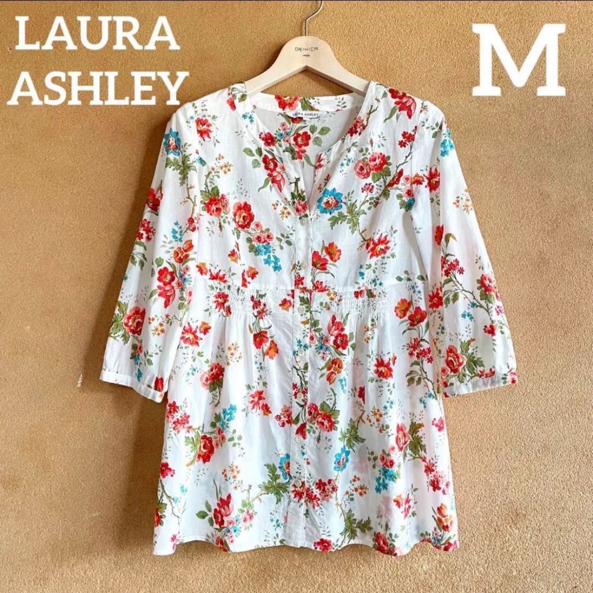 美品　ローラアシュレイ　LAURA ASHLEY  総柄　ローズ　ギャザー　七分袖　ブラウス　9号