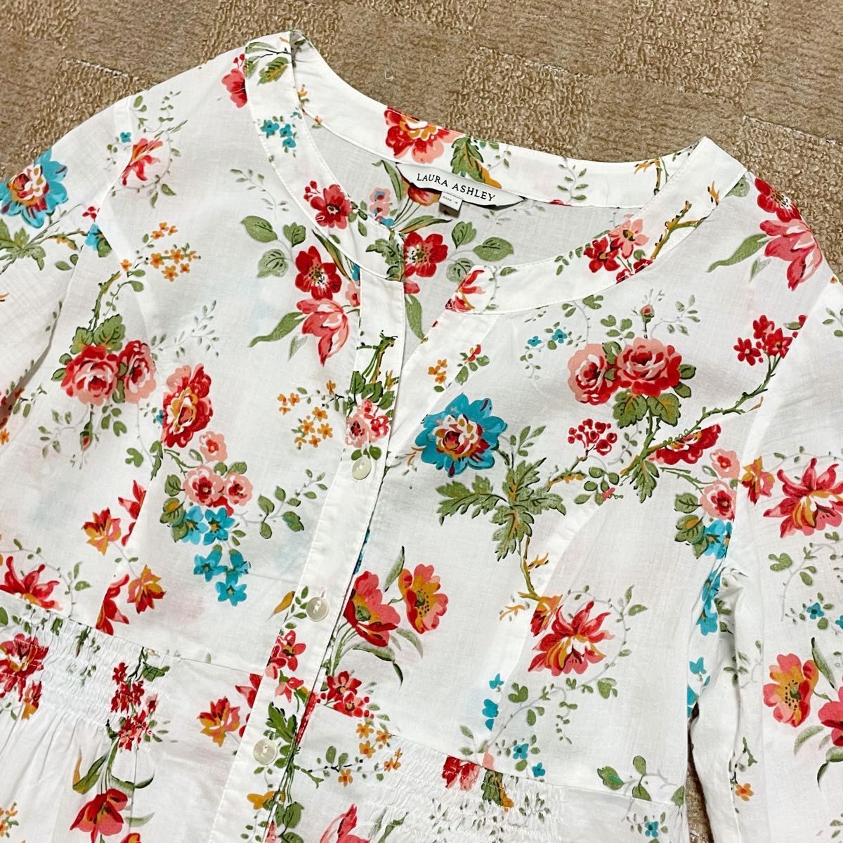 美品　ローラアシュレイ　LAURA ASHLEY  総柄　ローズ　ギャザー　七分袖　ブラウス　9号