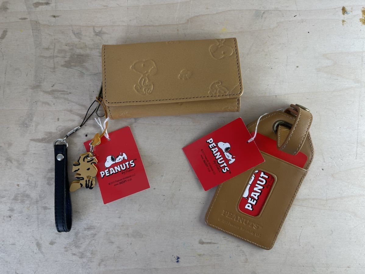  unused PEANUTS ① Snoopy leather key case card-case key holder SNOOPY Camel collection pass case 