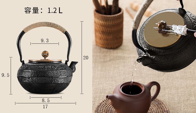 鉄瓶　砂鉄　鉄製　茶道具　万寿　やかん　和食器　大容量　1.2L　直火　IH対応　おまけ4点セット_画像2