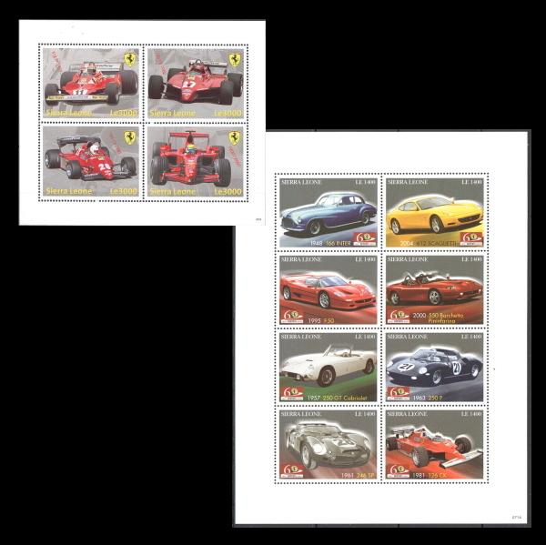 ■シエラレオネ切手　歴代フェラーリ / 60周年　4種シート＋8種シート_画像1